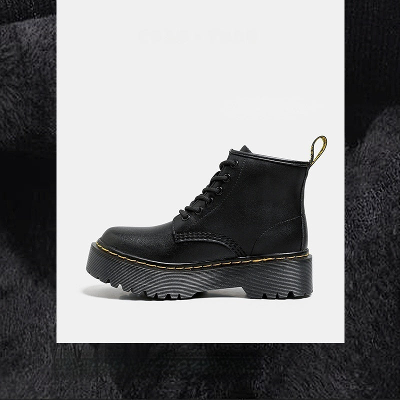 Platform Martin Boots Women's Thickened Real Leather Black Flat Bottom