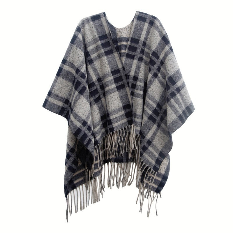 Plaid Navy Blue Fur Collar Shawl Warm