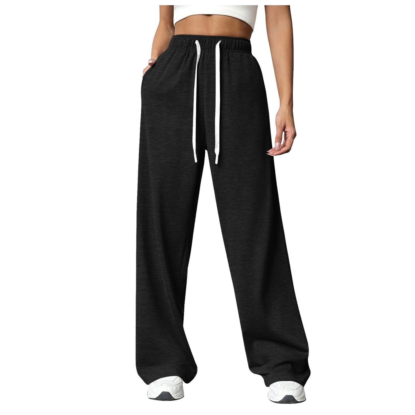Women's Solid Color Straight-leg Fleece Wide-leg Sweatpants With Side Pockets