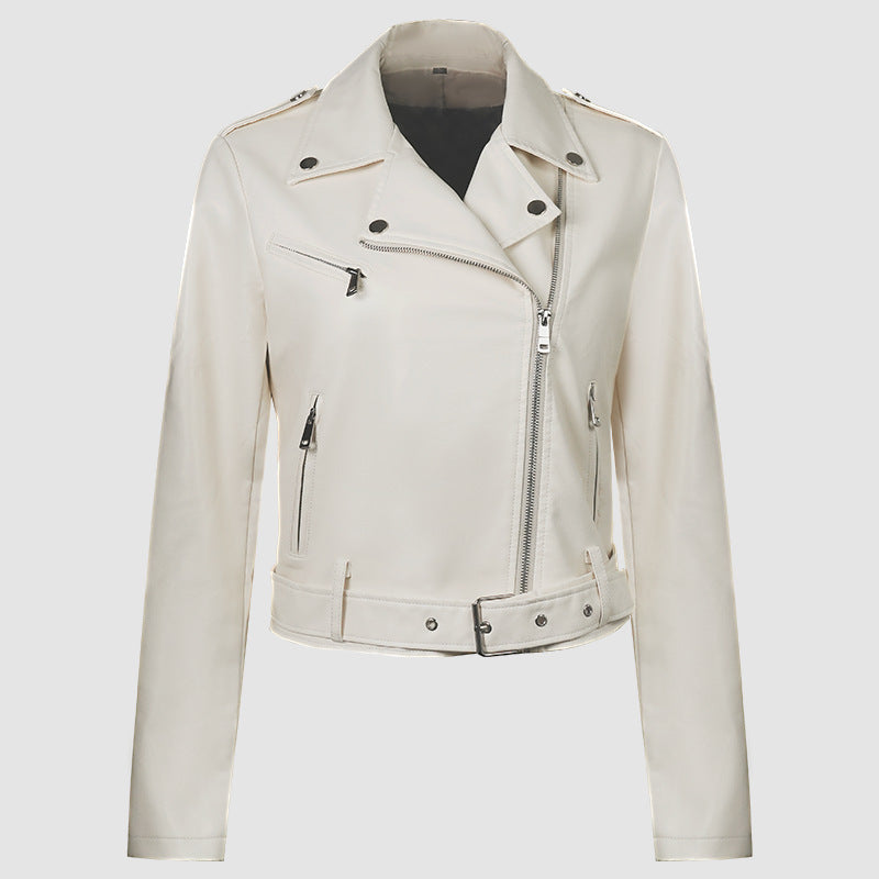 Lapel Short Belt Women's PU Simple Leather Jacket Motorcycle Jacket