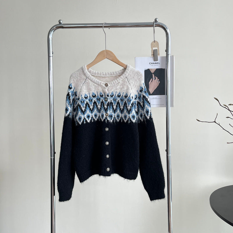 Cappotto in maglia spessa jacquard a contrasto di colore da donna