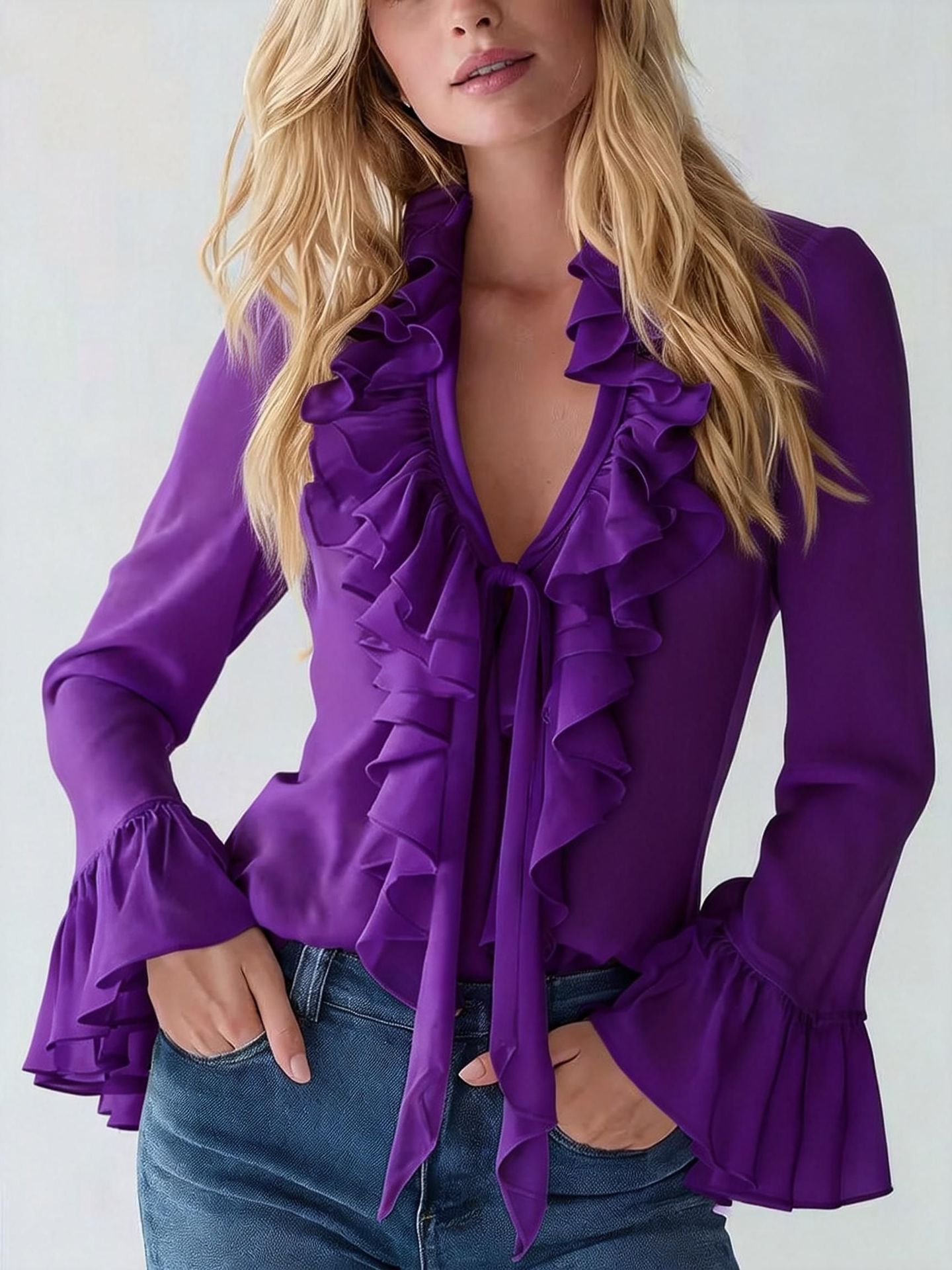 French-Elegant Solid-Color V-Neck Ruffle Blouse With Puff Sleeves