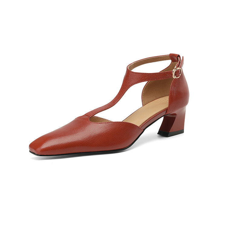 French Retro Square Toe Chunky Heel Wine Red Sheepskin Leather Shoes