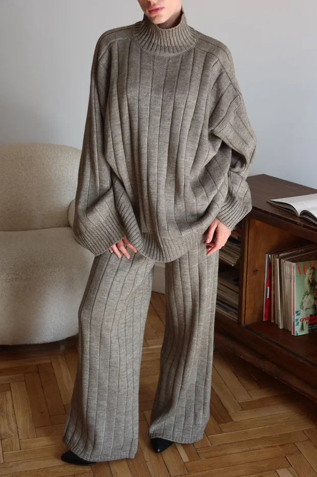 Elegant Solid Color Vertical Stripe Sweater Wide Leg Pants Two-piece Set