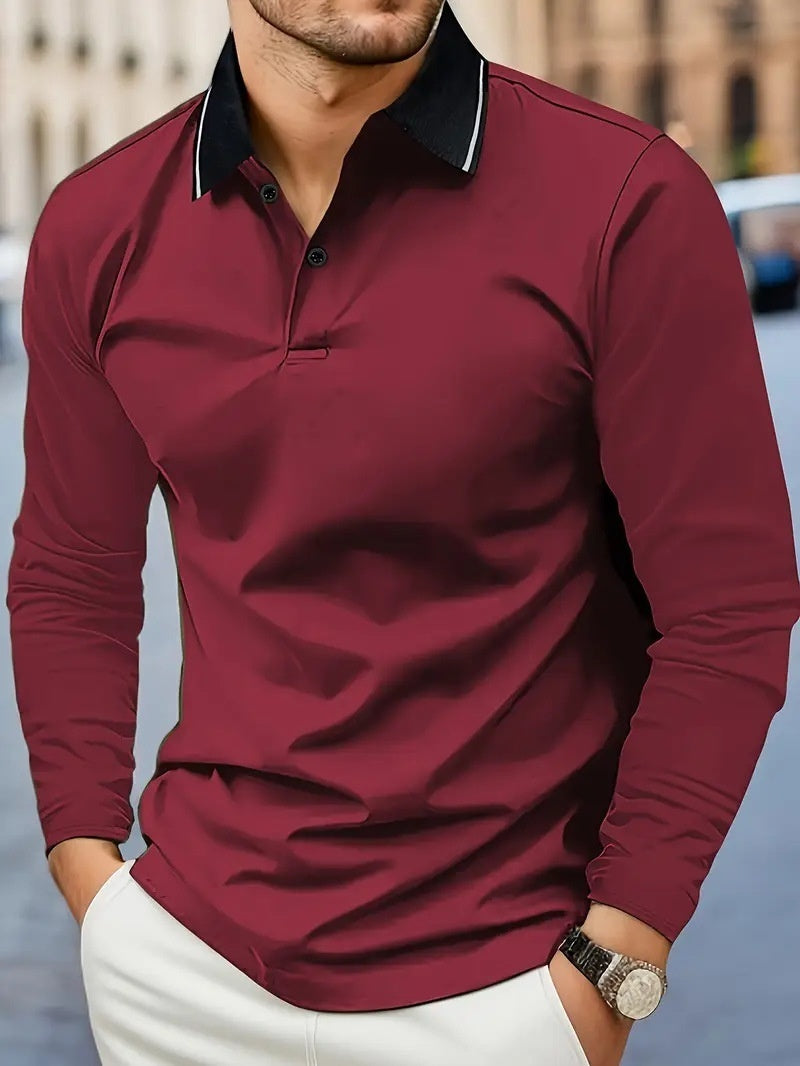Autumn Men's Lapel Golf Casual Sports Contrast Color Long Sleeves Top