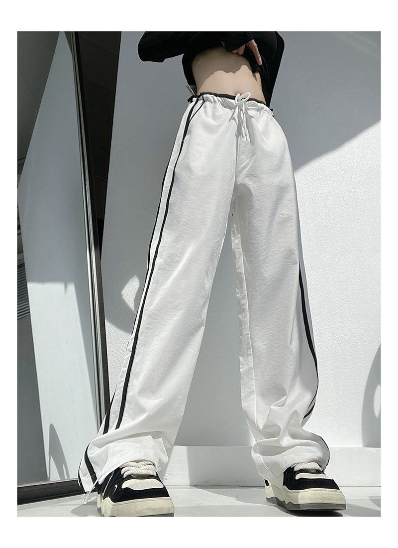 Ribbon Parallel Bars Contrast Color Loose Straight Slimming Draping Pants