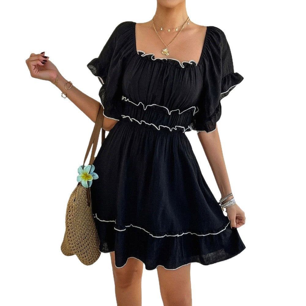 Womens French-style Square-neck Ruffled Short-sleeve Dress