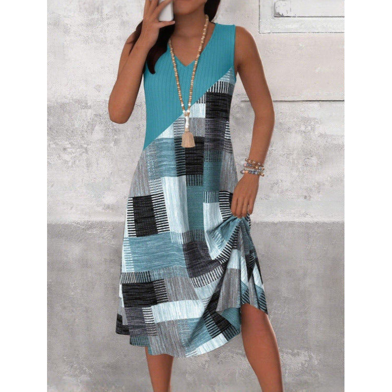 Womens Casual Versatile V-Neck Sleeveless Colorblock Dress