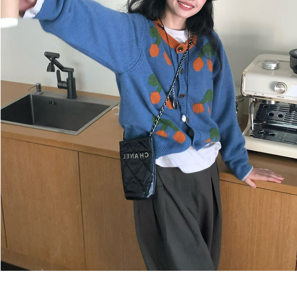 Round Neck Contrast Color Knitwear Cherry Embroidery Jacquard Women's Sweater