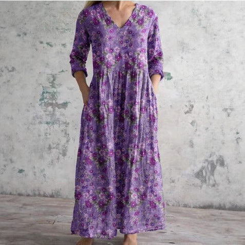 Womens Loose Stylish High-End V-Neck Printed Dress