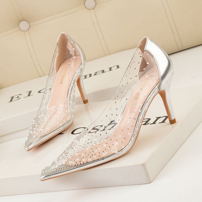Transparent Cutout Pearl Shining Rhinestone Women's Shoes