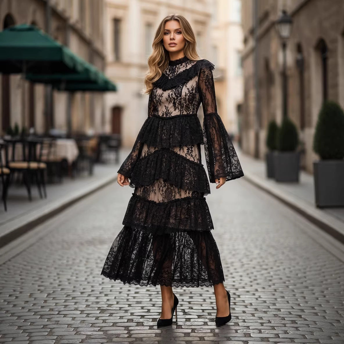 Stand-collar Embroidered Ruffled Maxi Dress