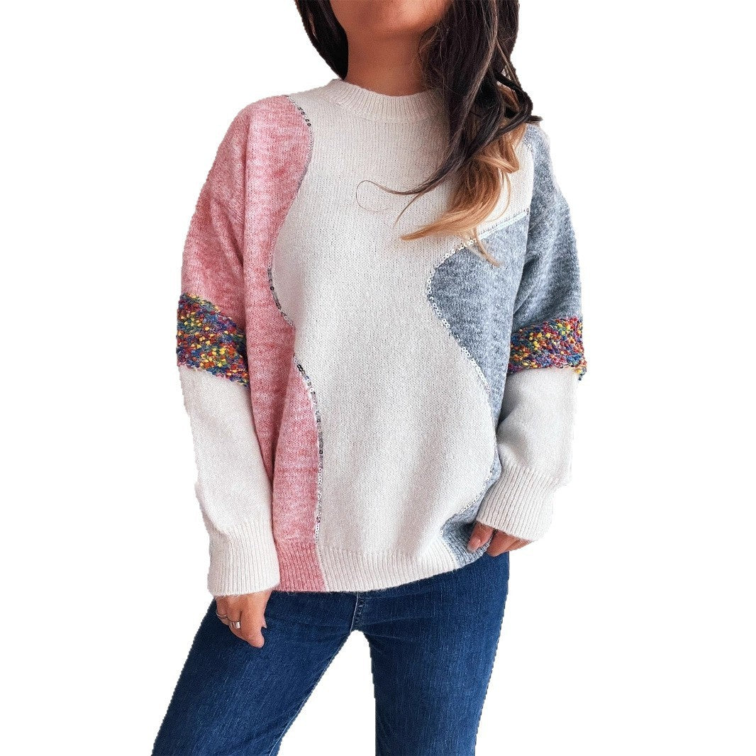 Maglione da donna ampio, lavorato a maglia retrò con scollo rotondo e colori a contrasto