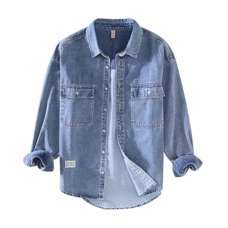 Japanese-style Retro Rewash Double Bag Men's Long Sleeve Light Color Denim Shirt