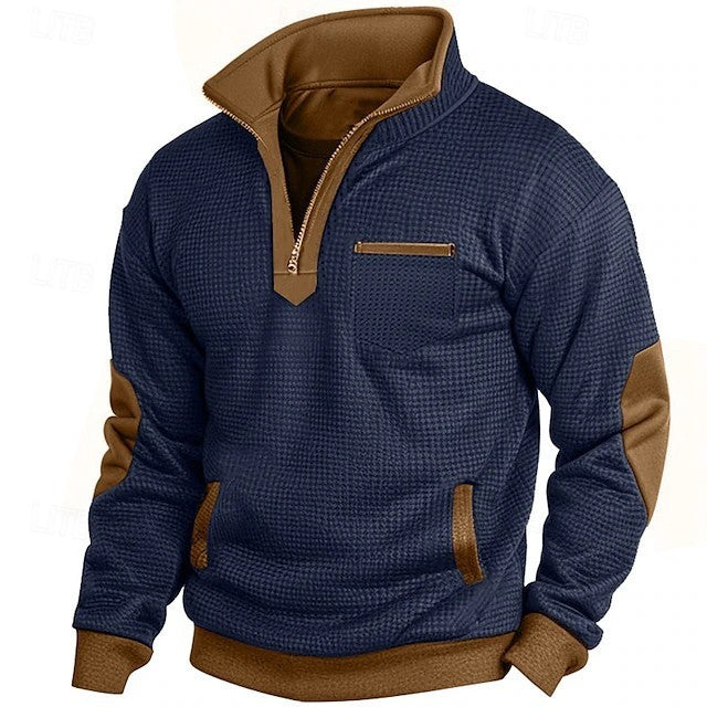 Men's Waffle Contrast Color Pocket Zipped Stand Collar Sweatshirt