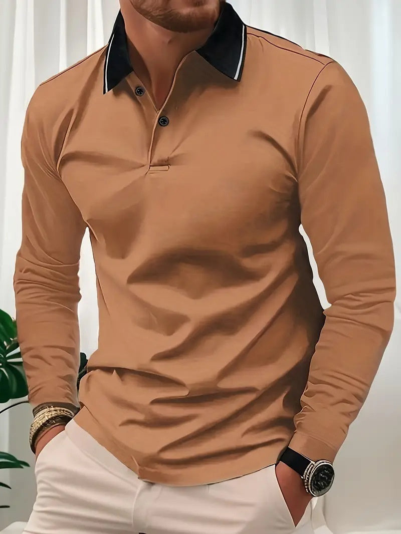 Autumn Men's Lapel Golf Casual Sports Contrast Color Long Sleeves Top