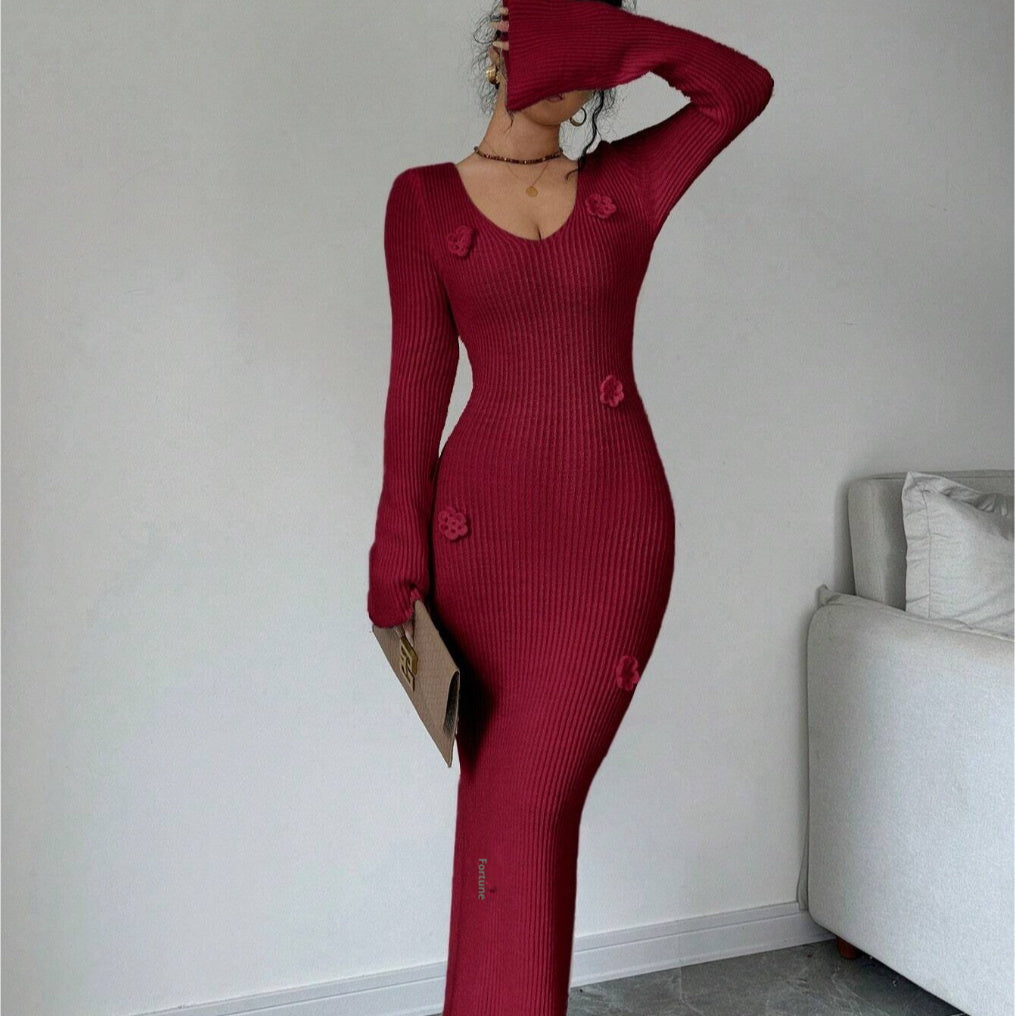 V-neck Waist Trimming Knitted Dress Women's Slimming Sheath