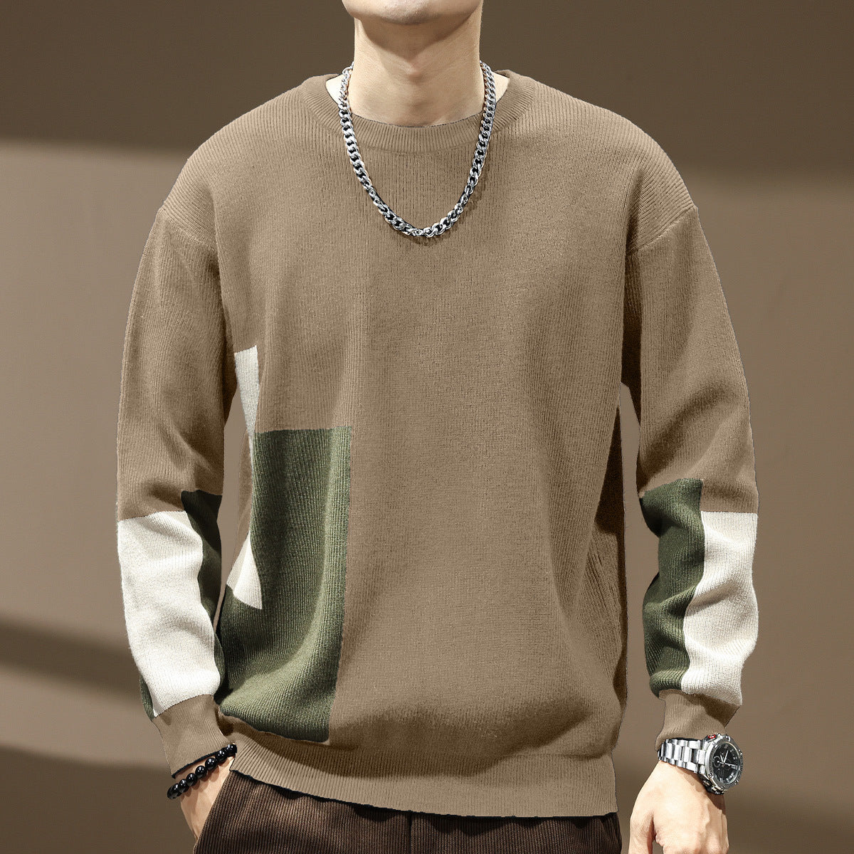 High Sense Color Contrast Patchwork Male Loose-fitting Oversized Sweater