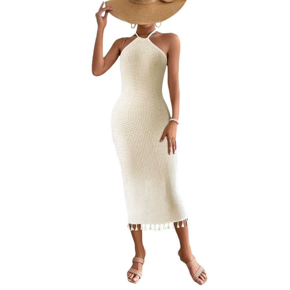 Womens Solid-Color Fashion Tassel Halterneck Lace-Up Dress