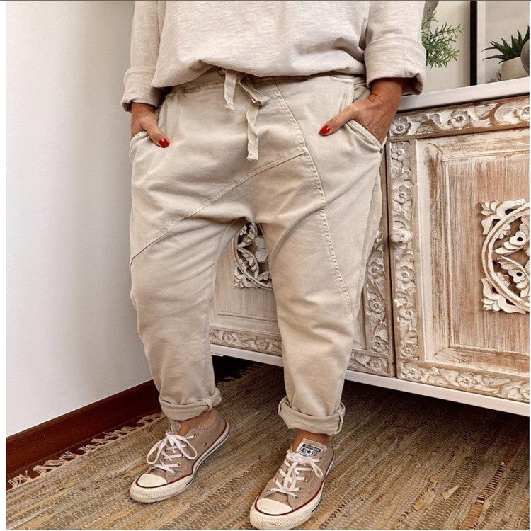 European And American Patchwork Drawstring Elastic Harem Casual Pants Pure Cotton
