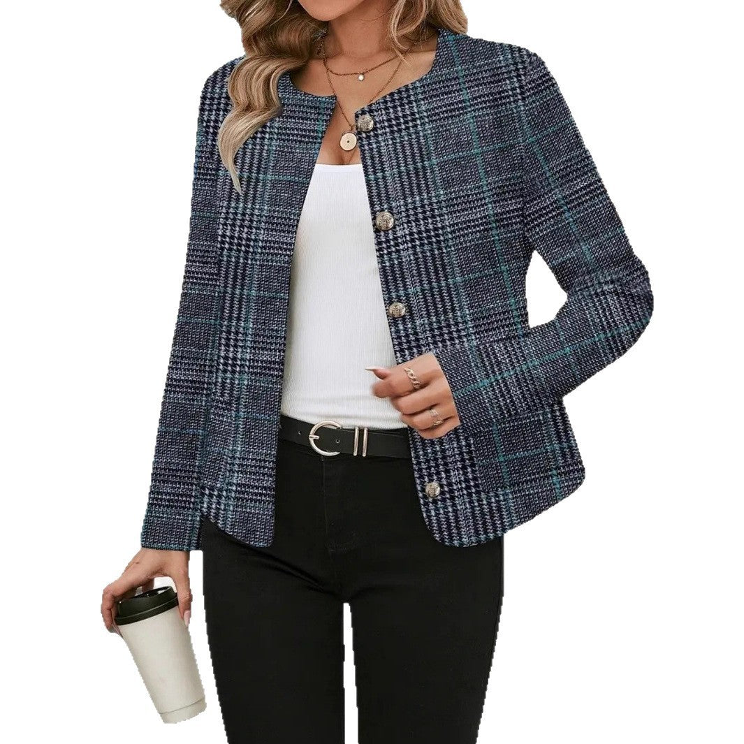 Elegant Plaid Woolen Pocket Women's Jacket