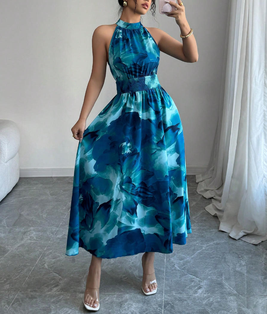 Neck Hanging Cinched Waist Sleeveless Dress With Ruffled Hem