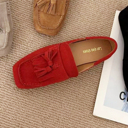 Square Head Soft Sole Shoes Women's All-matching Tassel Shallow Mouth Non-slip One Pedal Loafer