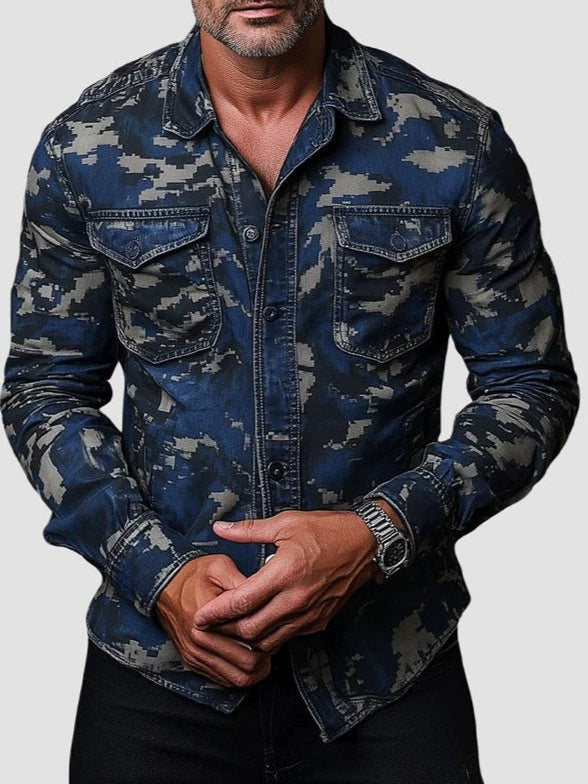 Men's Clothing Print Lapel Long Sleeve Loose Shirt