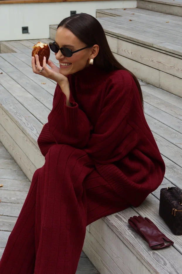 Elegant Solid Color Vertical Stripe Sweater Wide Leg Pants Two-piece Set