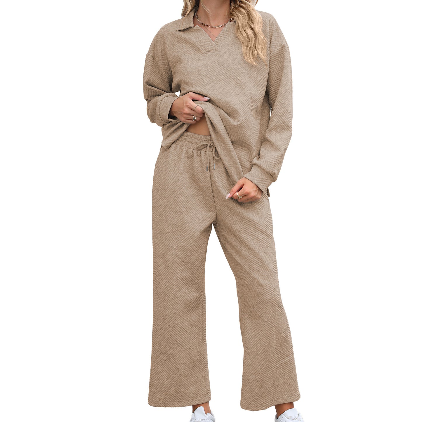 New Solid Color Lapel Long Sleeve Sweater Elastic Waist Pants Suit