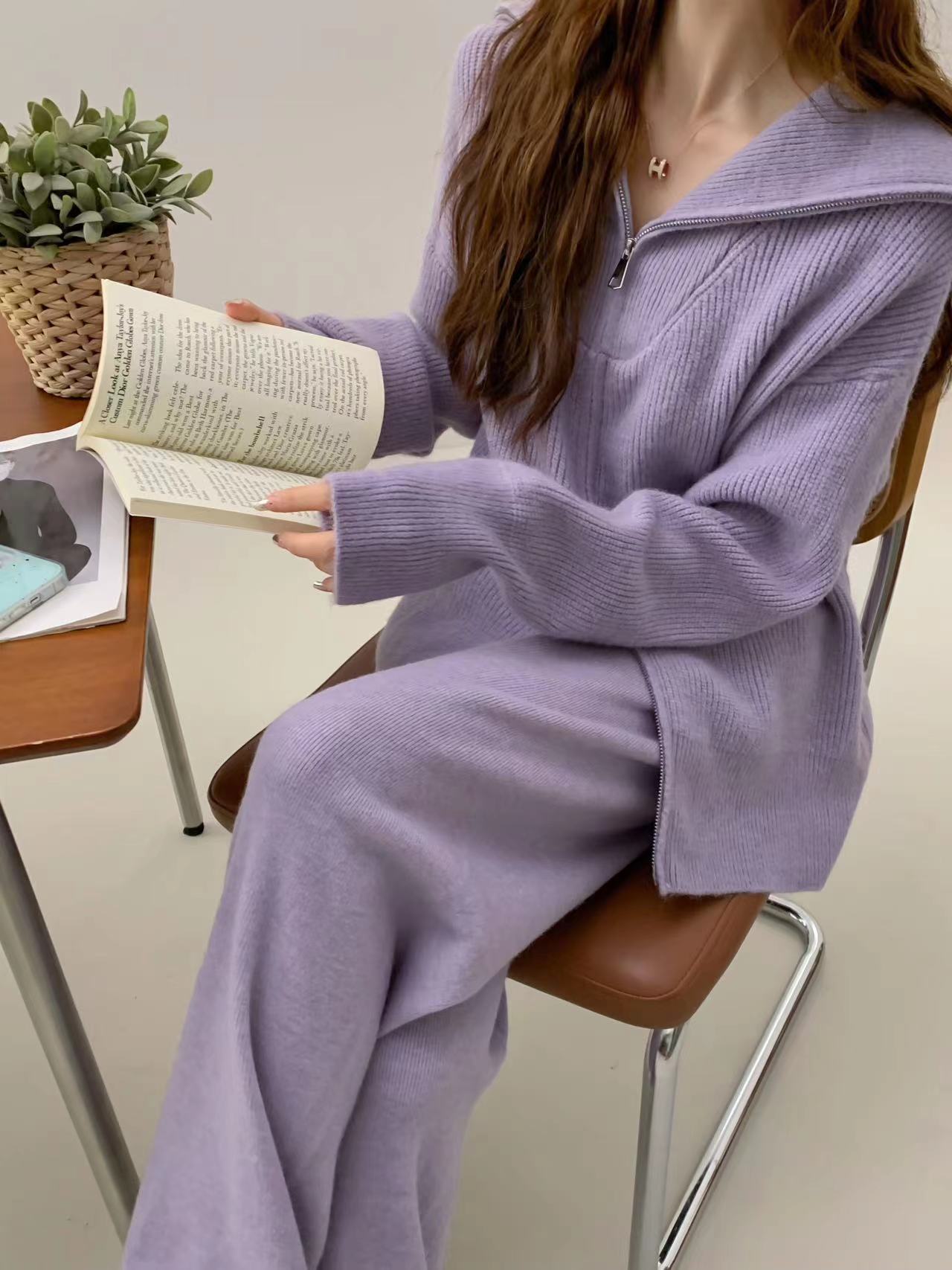 Cardigan lavorato a maglia con cerniera, pantaloni larghi a tinta unita, set da due pezzi