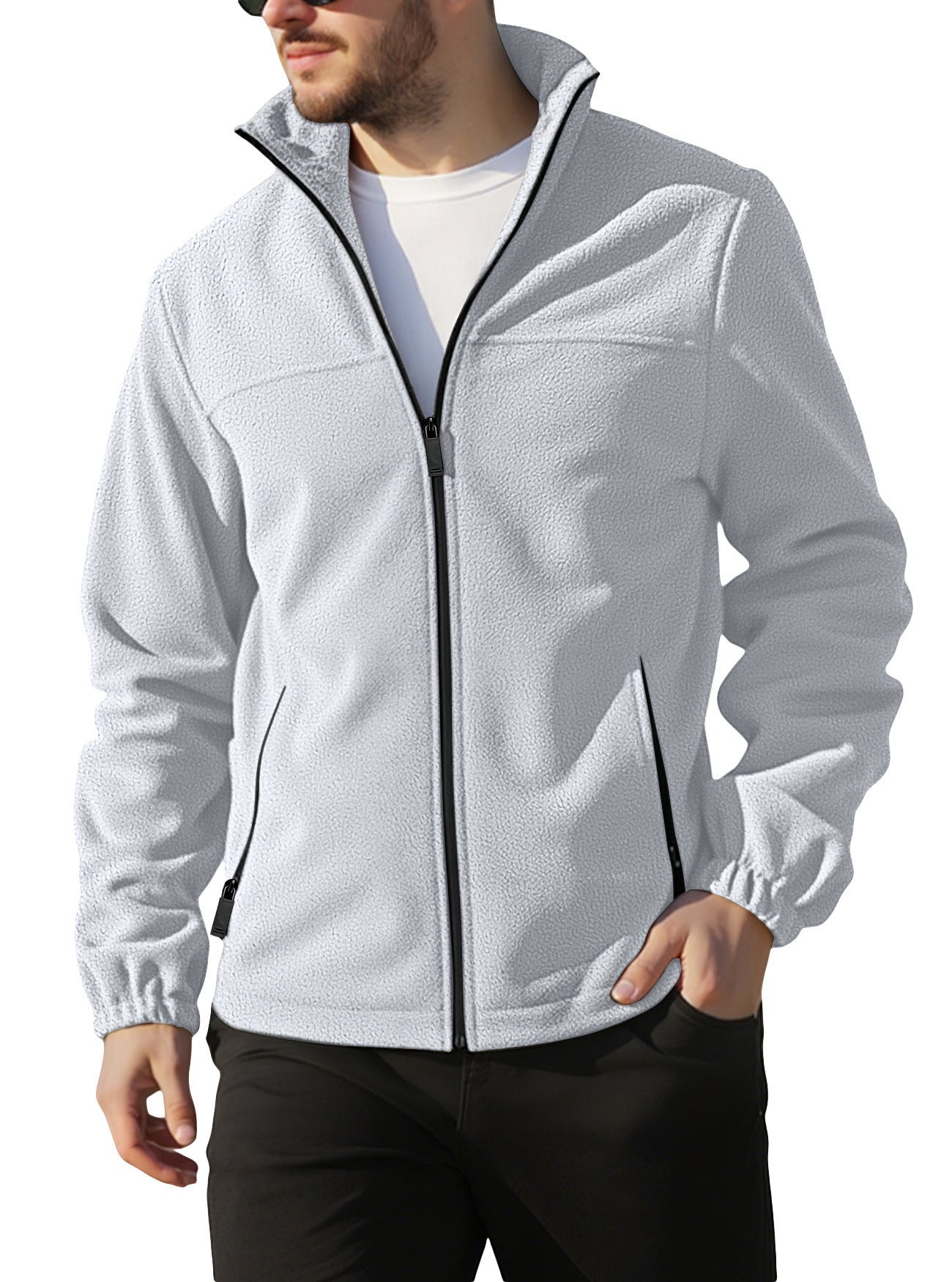 Men's Polar Fleece Jacket Outdoor Zipped Stand Collar Coat