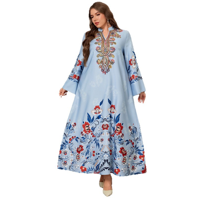 Womens Long-sleeve Printed And Embroidered Dress