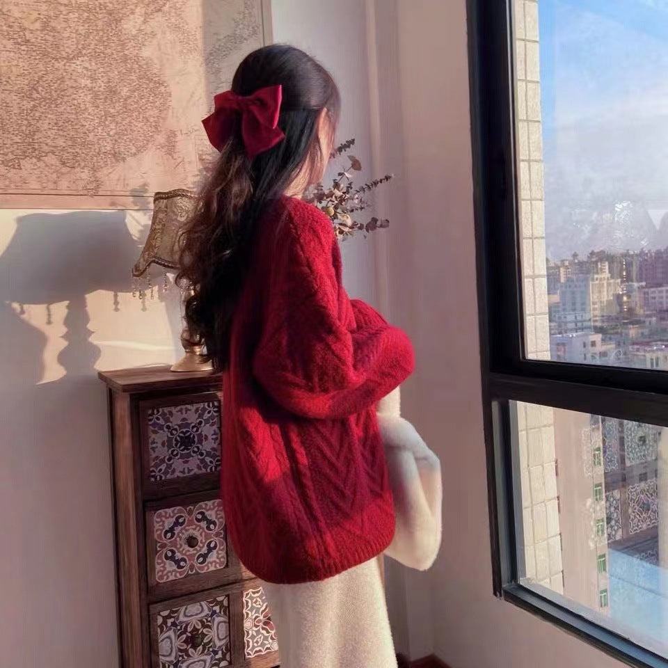 Thick Hemp Flowers Knitted Round Neck Sweater Retro Loose Top