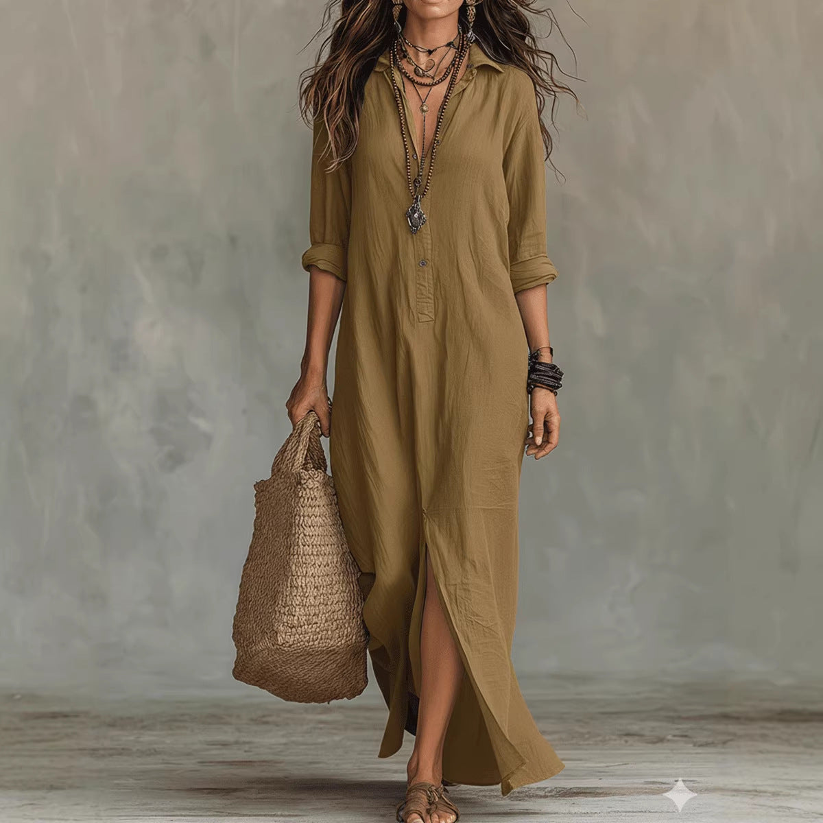 Casual Solid-color Lapel-front Slit Maxi Dress