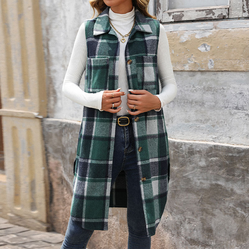 Women's Retro British Style Commute Leisure Lapel Long Plaid Coat