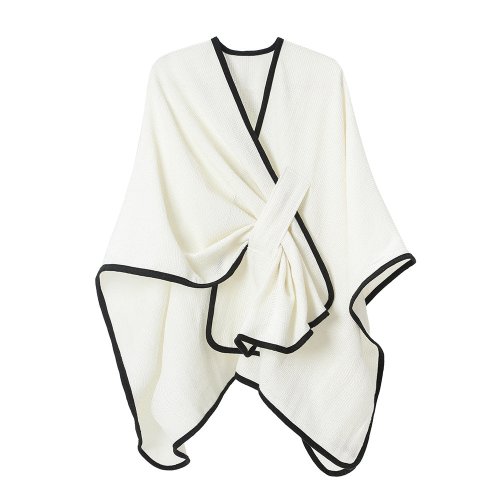 Mid-length Creamy-white Buckle Cross Shawl