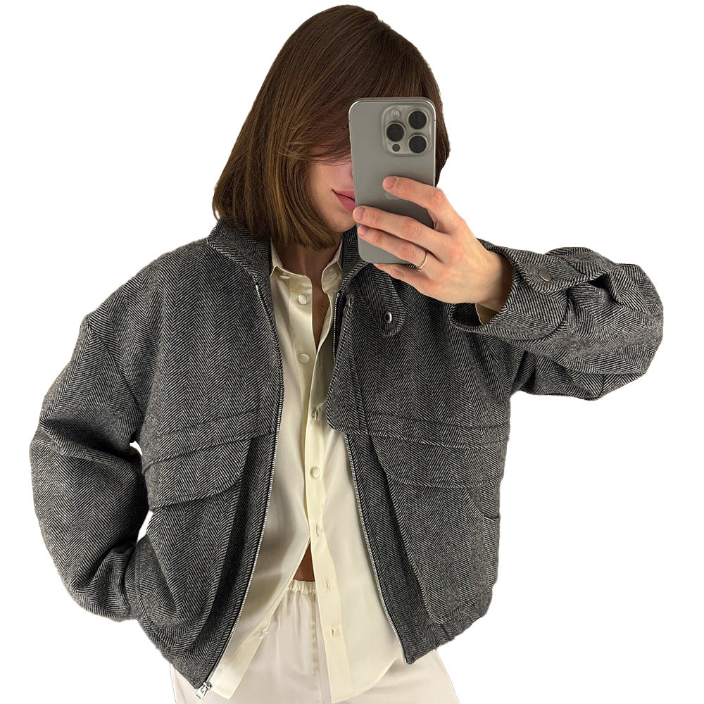 Stand-up Collar Jacket Zipper Top With Pockets Loose Woolen Coat