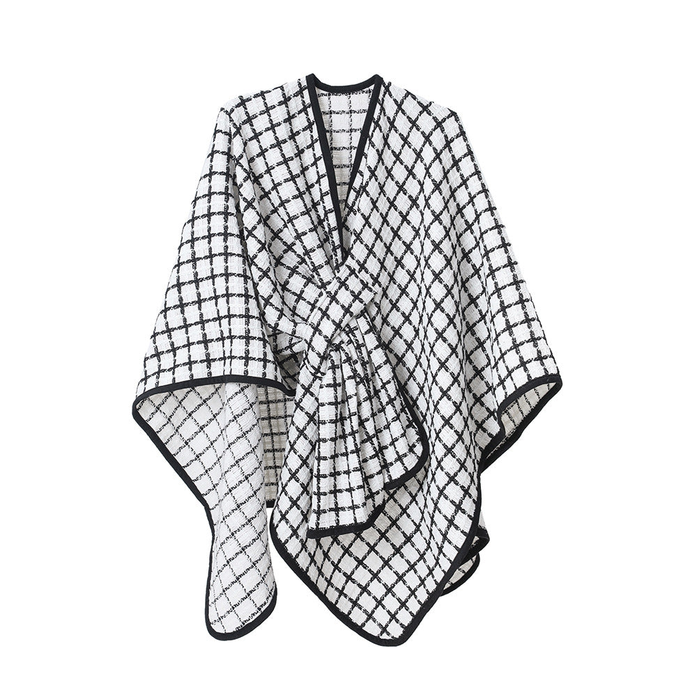 Black And White Buckle Loop Plaid Cross Shawl