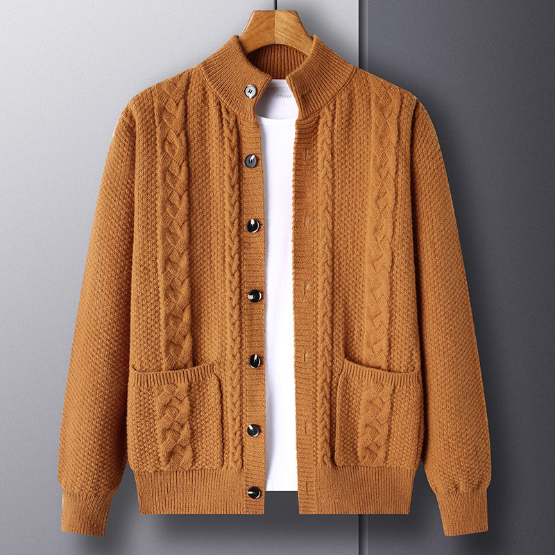 Young And Middle-aged Thick Knit Cardigan Retro Jacquard Loose-fitting Sweater Men's Sweater Coat