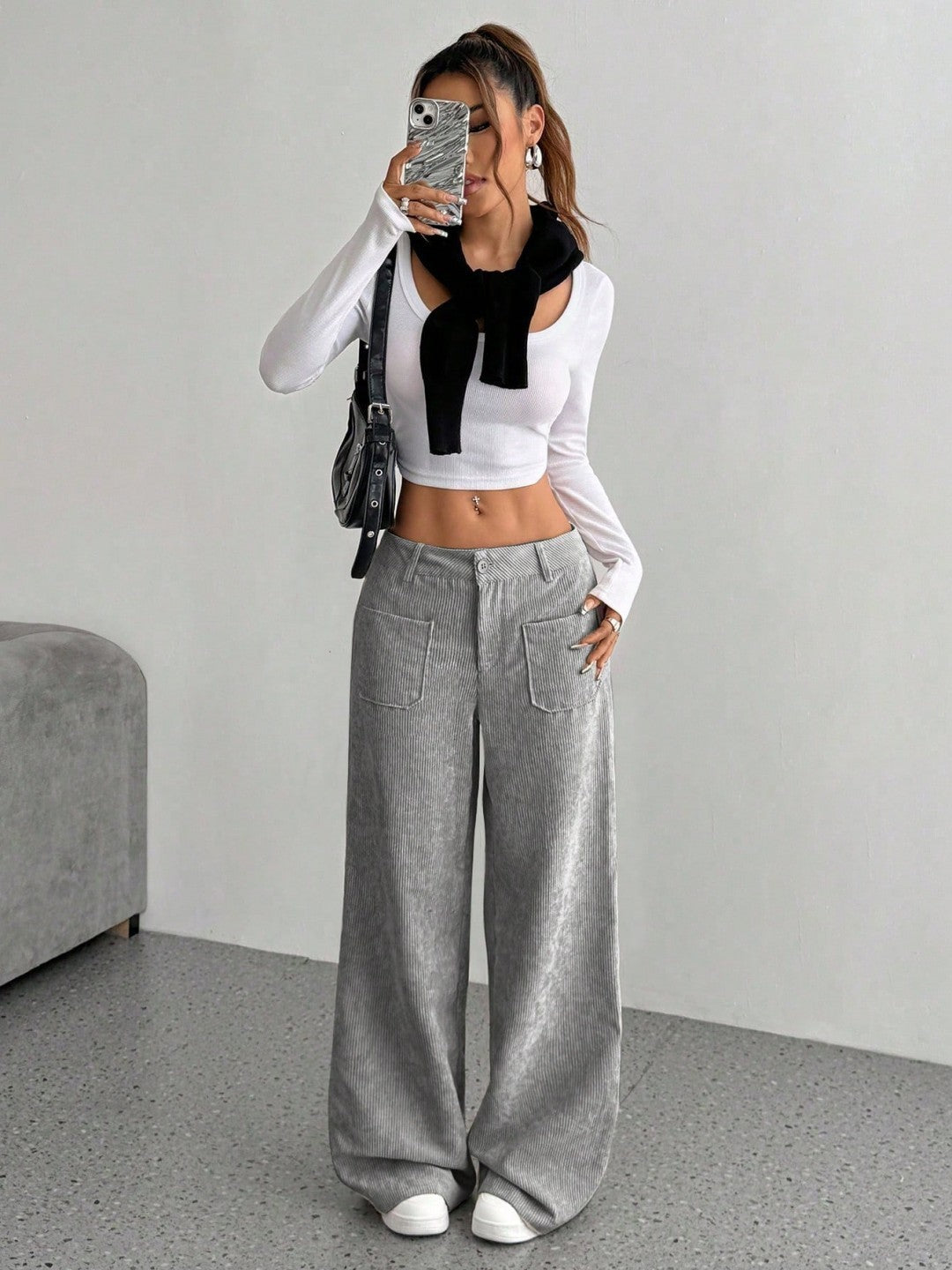 Casual Women's Front And Back Pockets Loose Solid Color Pockets Mopping Wide Leg Pants