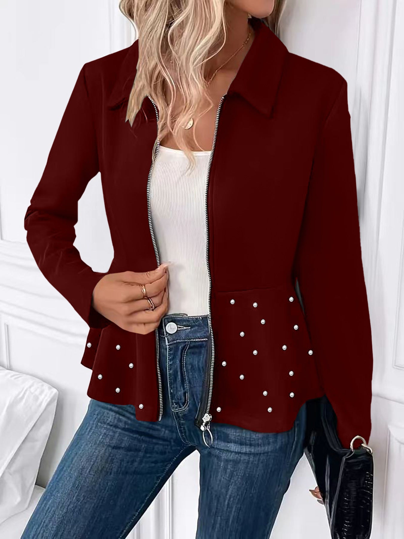 Women's Beaded Heavy-duty Zipper Ruffled Hem Coat