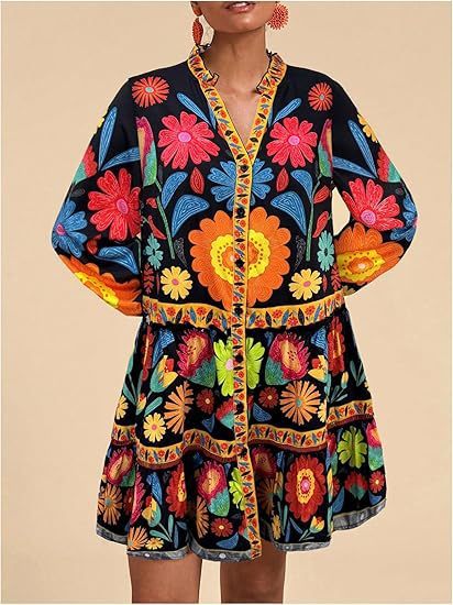 Floral Print Short Bohemian Beach Long Sleeve Button-down Flowy Blouse Dress