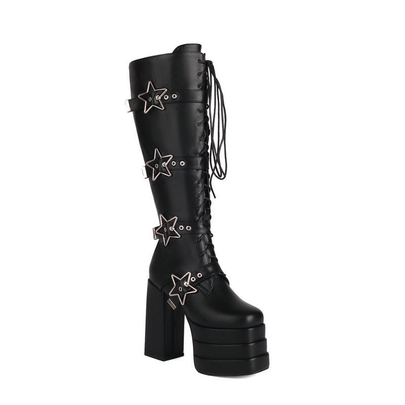 Plus Size Thick Heel Super High Heel High Leg Boot Five-pointed Star Locking Buckle Front Lace-up
