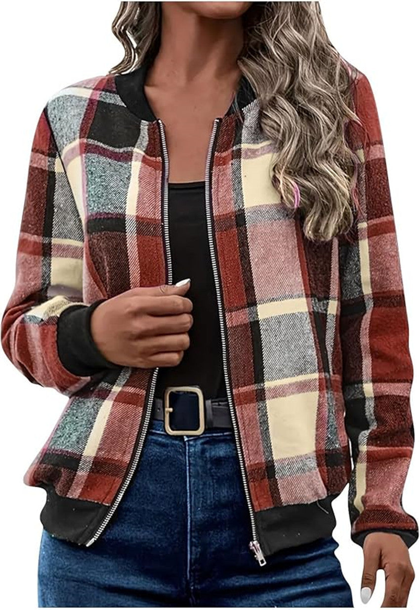Temperament Commute Women's Plaid Zipper Baseball Uniform
