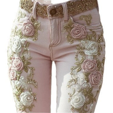 Jeans eleganti da donna con stampa artistica ricamata con rose rosa retrò