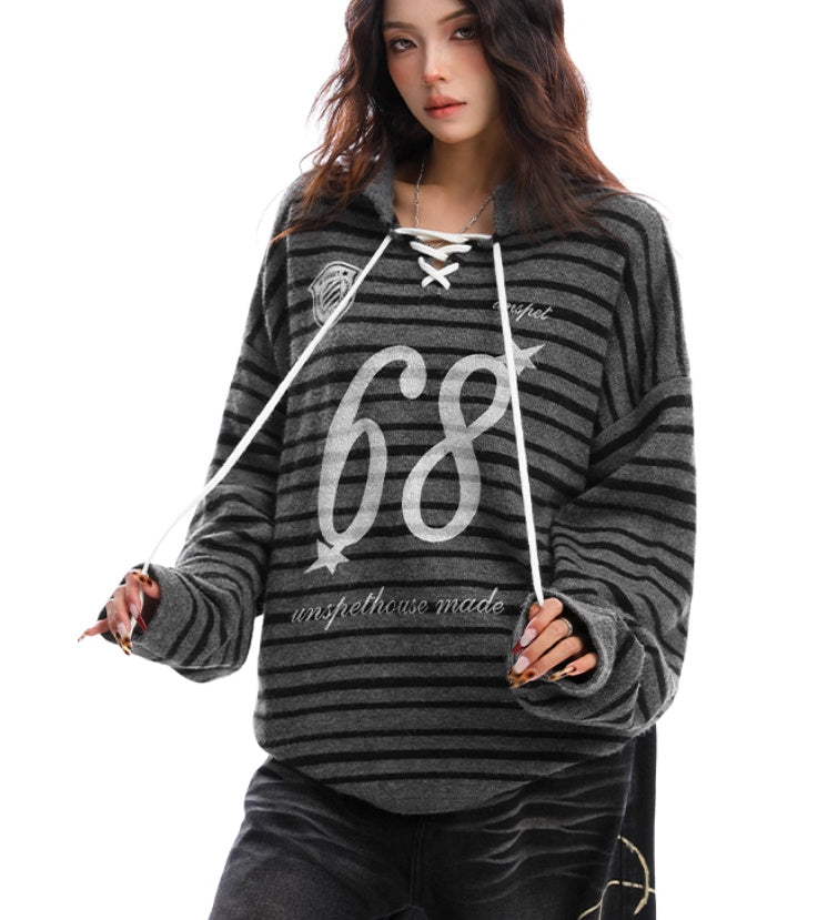 Loose Mixed Color Stripe Lace-up Sweater