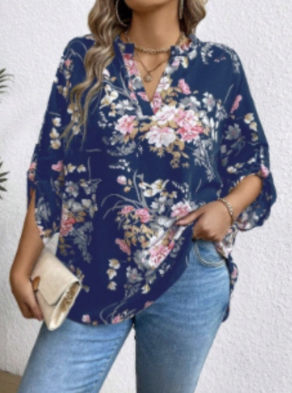 Womens Loose Top With Floral Print Long Sleeves And Ruched Details