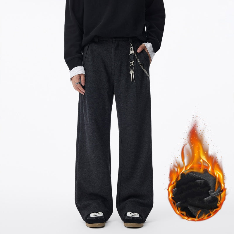 Men's Straight Fleece-lined Casual Wool Trousers