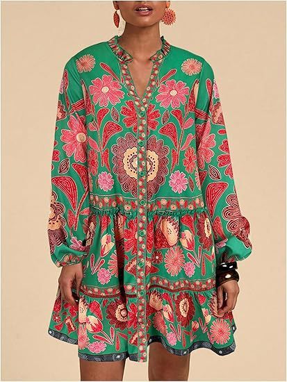 Floral Print Short Bohemian Beach Long Sleeve Button-down Flowy Blouse Dress